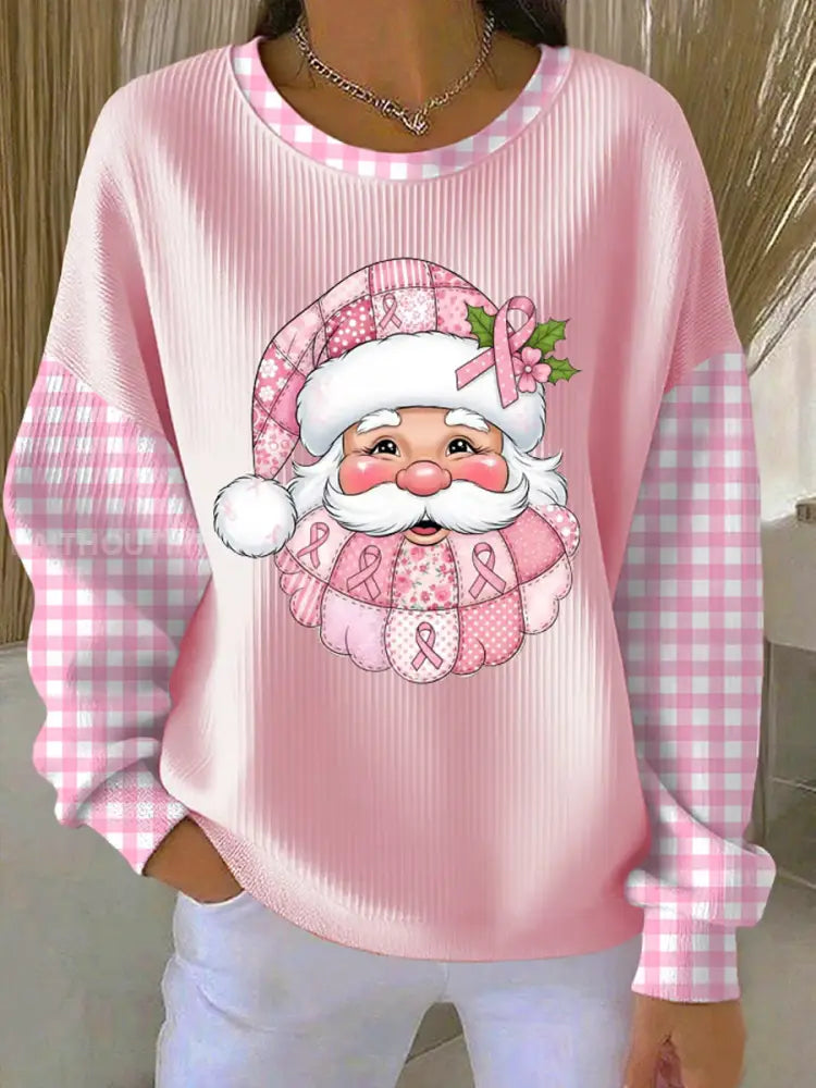 Women's Breast Cancer Awareness Santa Claus Print Ribbed Round-Neck Sweatshirt