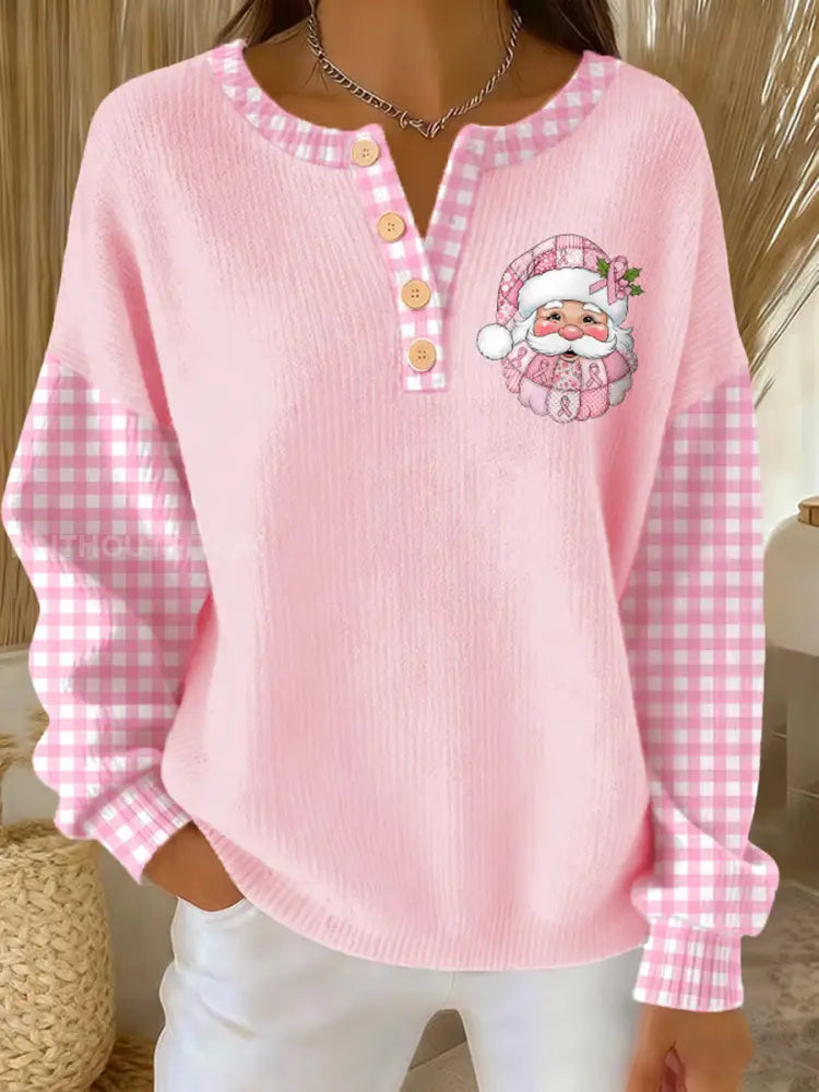 Women's Breast Cancer Awareness Santa Claus Print Long-sleeve Cardigan