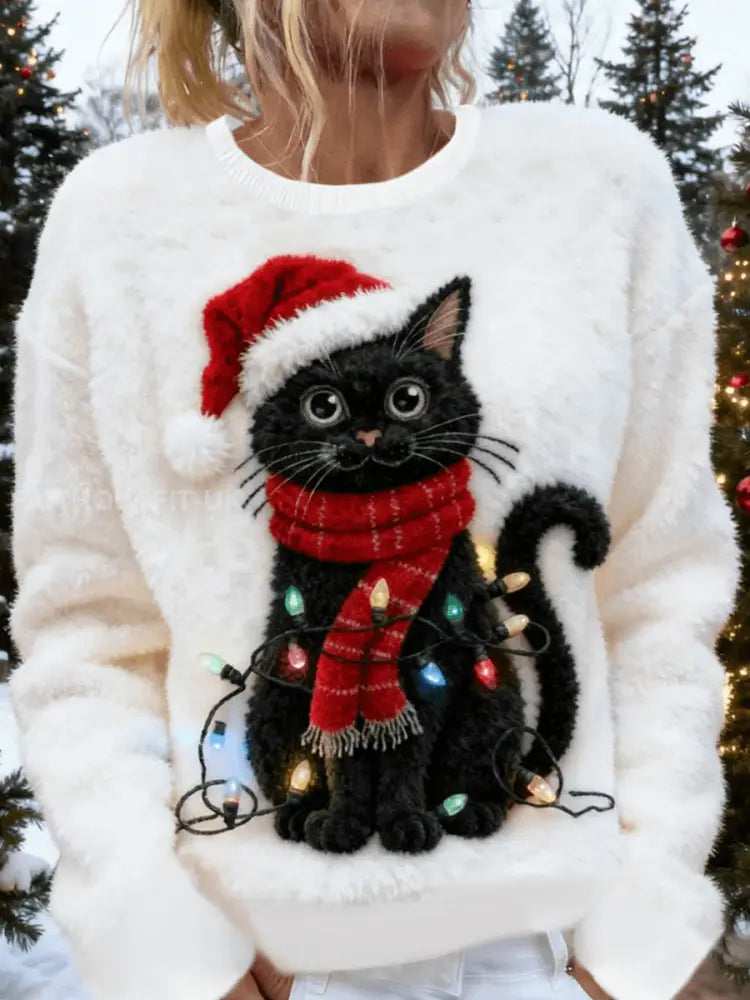 Women's Cute Christmas Cat Art Print Casual Flannel Sweater