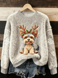 Women's Cute Christmas Dog Art Print Casual Flannel Sweater
