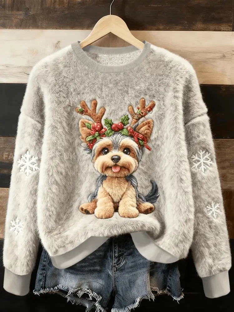 Women's Cute Christmas Dog Art Print Casual Flannel Sweater