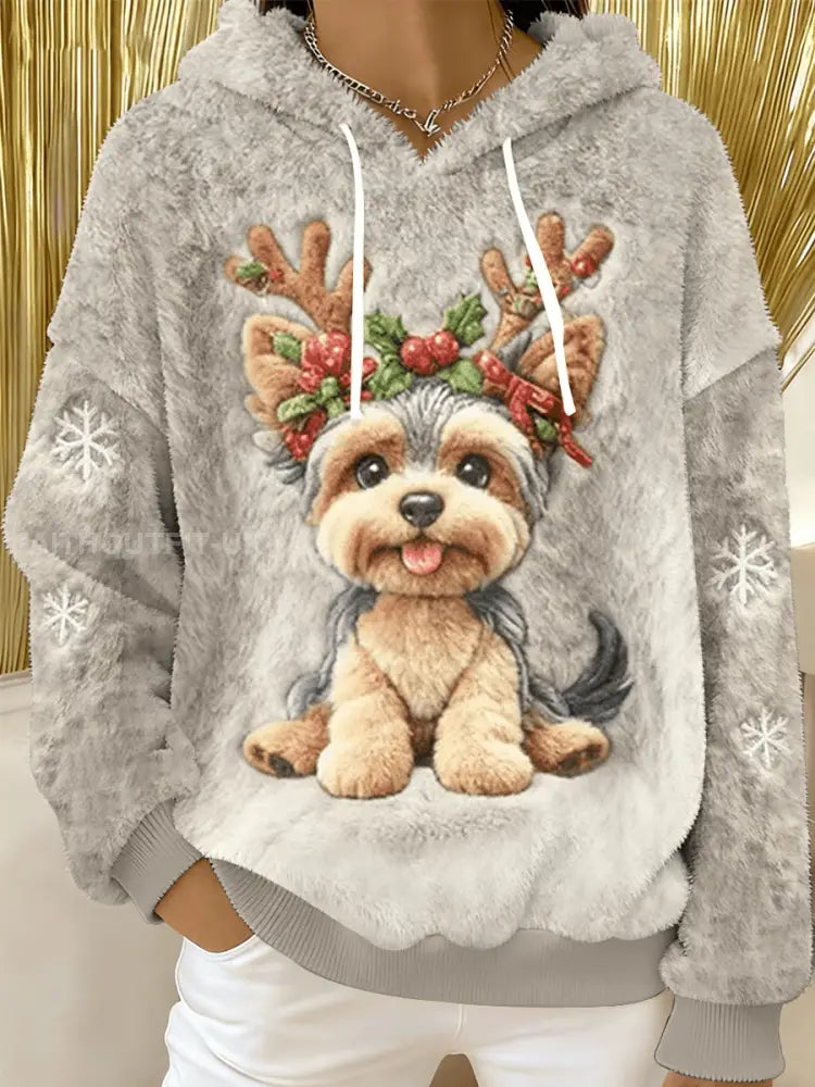 Women's Cute Christmas Dog Art Print Casual Flannel Hoodie