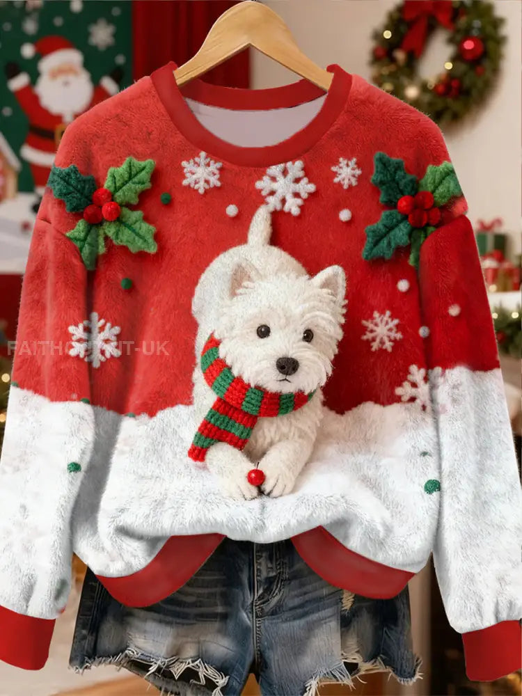 Women's Christmas Cute Dog Pattern Flannel Hoodie