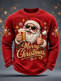 Men's Christmas Santa Claus Drink Beer Print Casual Waffle Long Sleeve T-Shirt