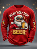 Men's Funny Christmas Ho Ho Hold My Beer Santa Claus Print Casual Waffle Long Sleeve T-Shirt