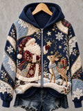 Women's Christmas Santa Claus Reindeer Art Print Zip-Up Hoodie