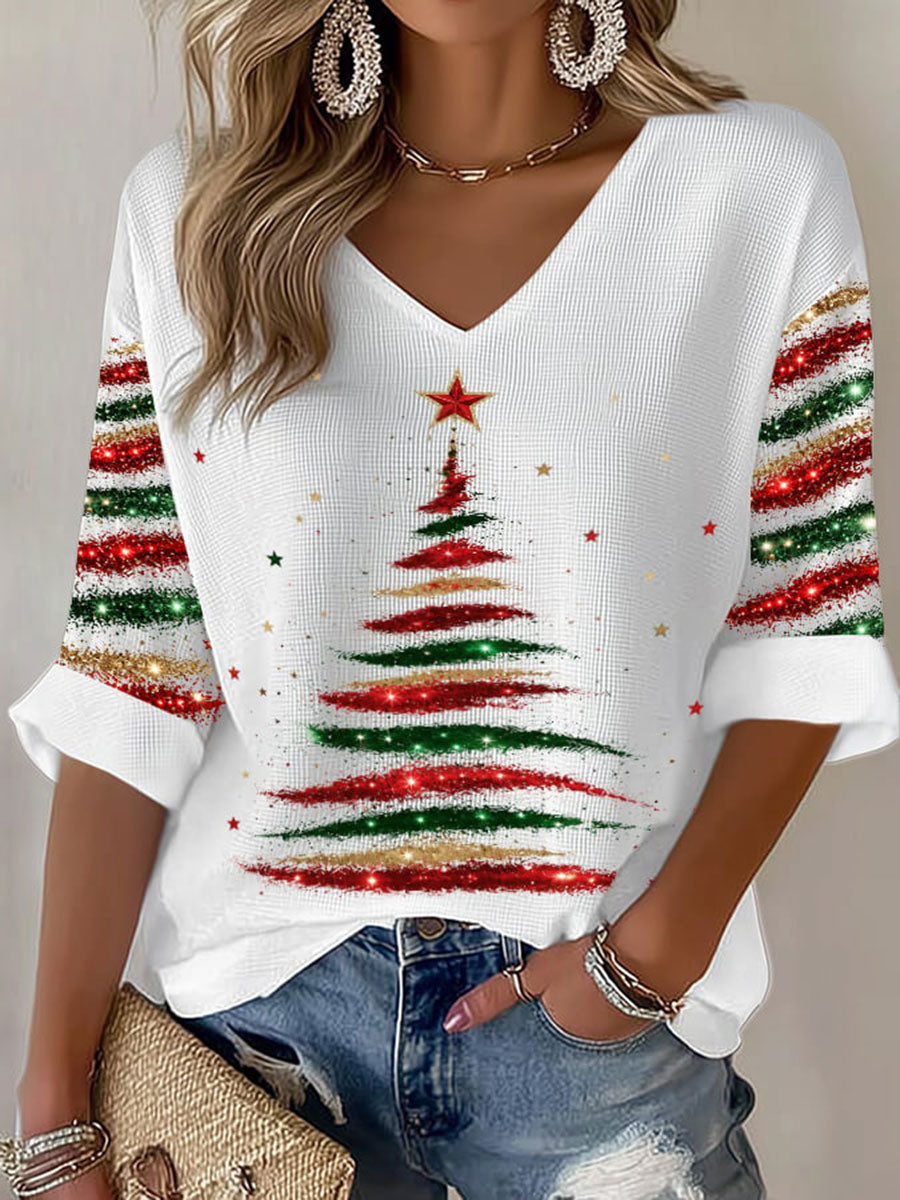 Women's Colorful Christmas Tree Print Waffle T-shirt