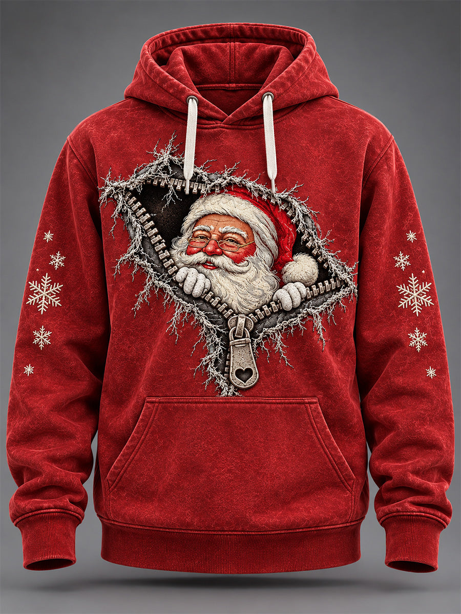 Men's Christmas Santa Zipper Print Oversized Drop-Shoulder Hoodie With Pockets