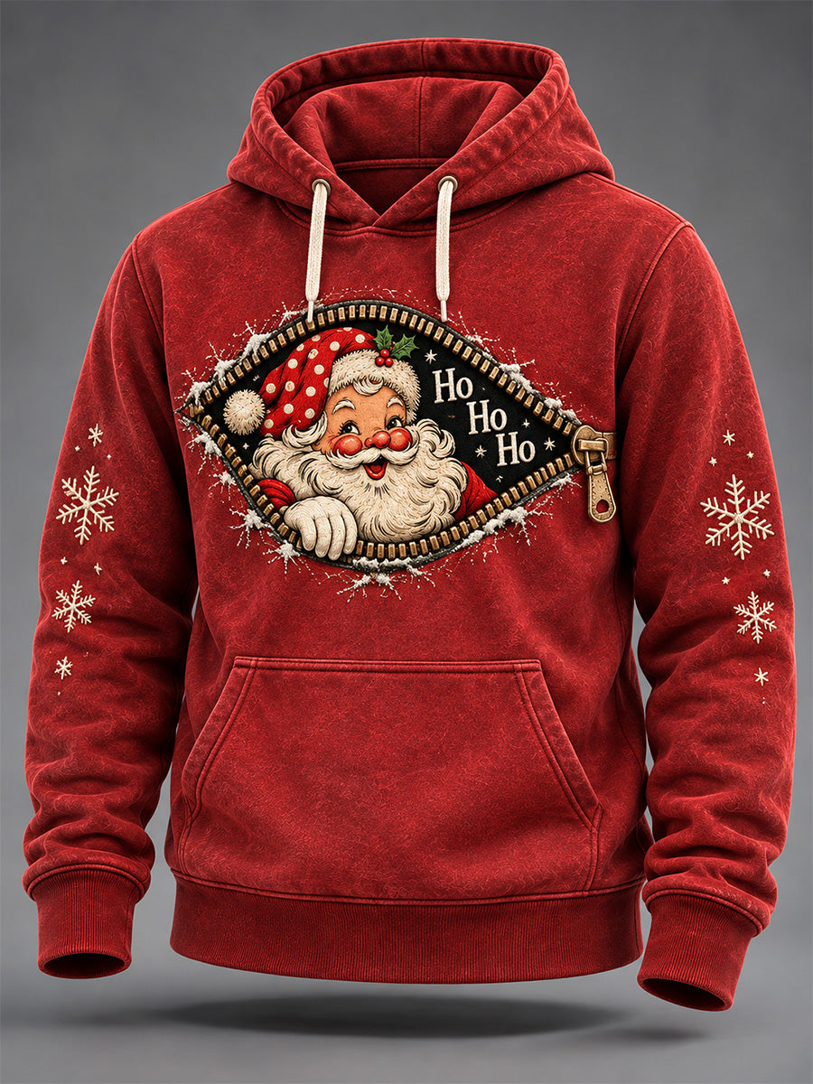 Men's Christmas Santa Zipper Print Oversized Drop-Shoulder Hoodie With Pockets