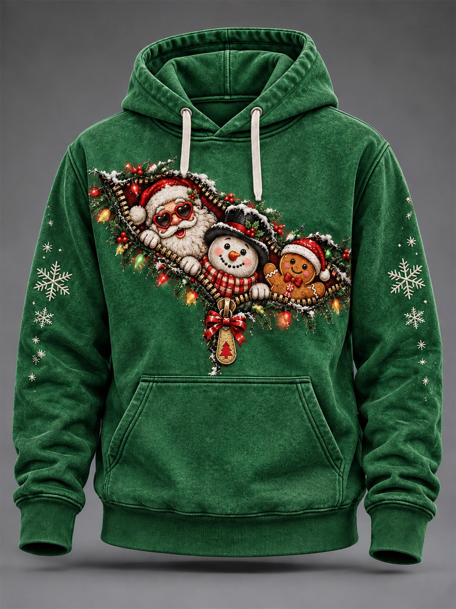 Men's Christmas Santa Zipper Print Oversized Drop-Shoulder Hoodie With Pockets
