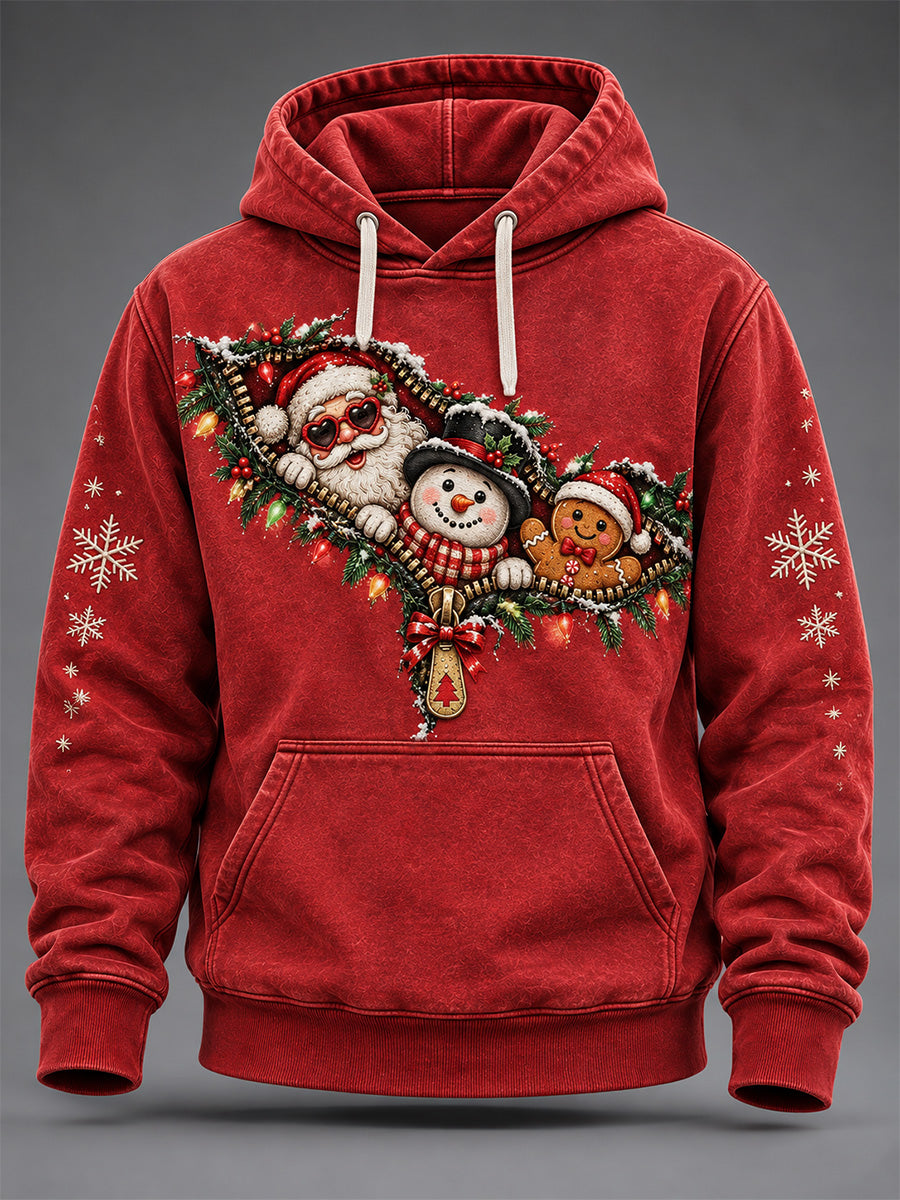 Men's Christmas Santa Zipper Print Oversized Drop-Shoulder Hoodie With Pockets
