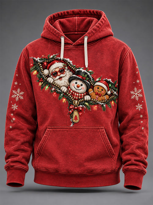 Men's Christmas Santa Zipper Print Oversized Drop-Shoulder Hoodie With Pockets