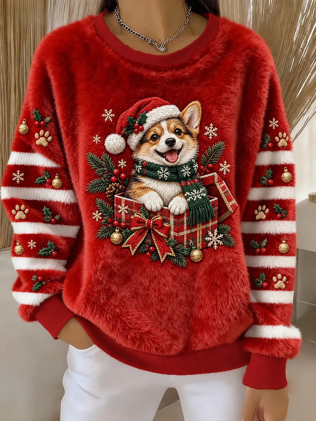 Women's Christmas Dog Printed Flannel Sweatshirt