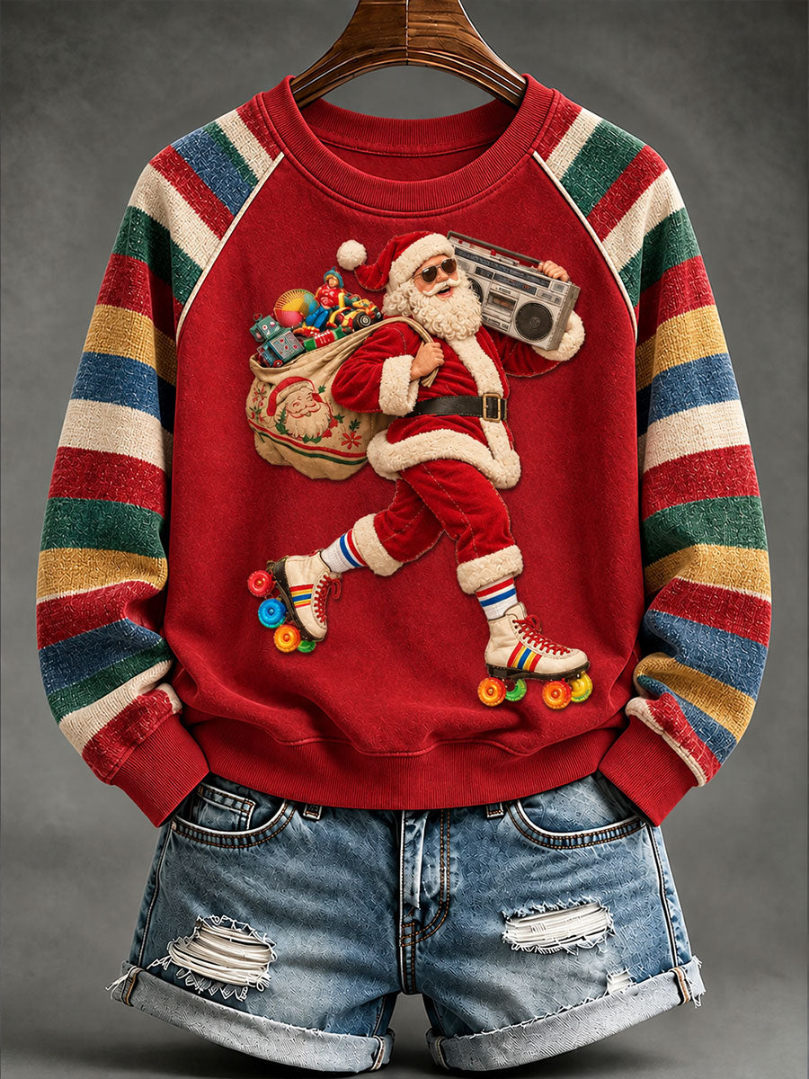 Women's Fun Santa Claus Christmas Stripe Print Raglan Sleeve Sweatshirt