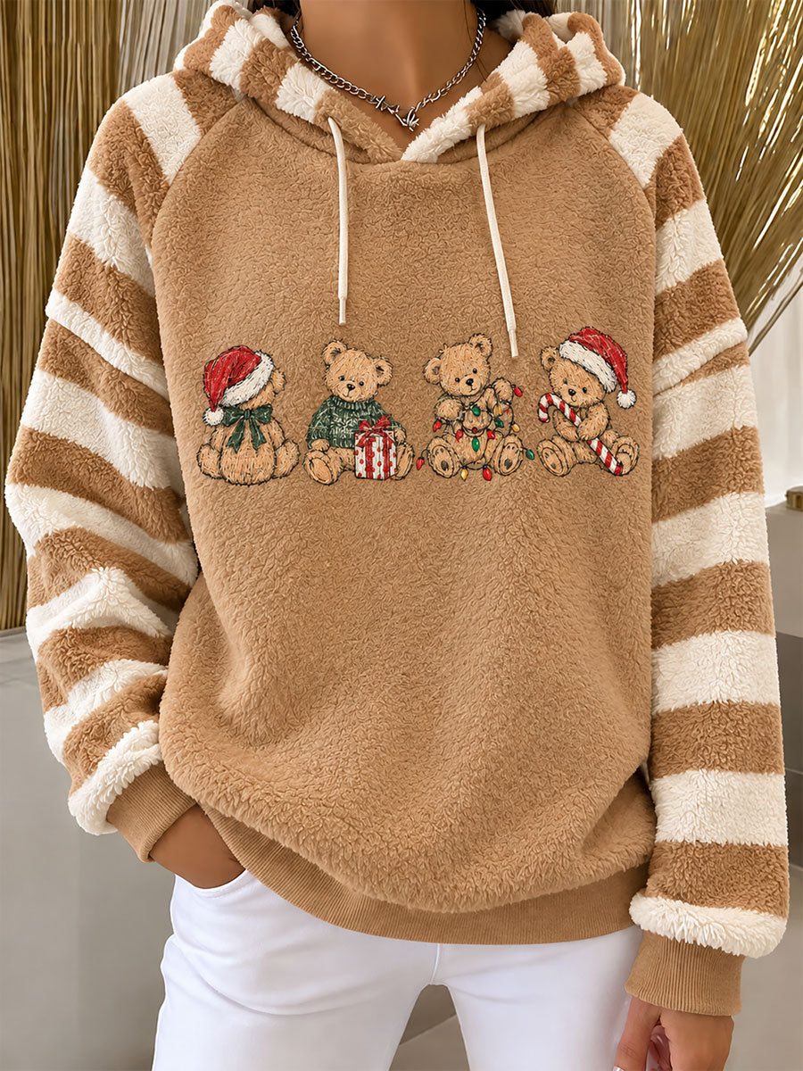 Women's Christmas Teddy Bear Print Flannel Hoodie