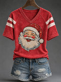 Women's Vintage Santa Claus Print V-neck off-shoulder short-sleeved T-shirt