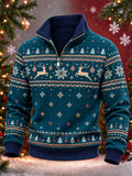 Men's Christmas Nordic Reindeer Print Quarter Zip High Neck Sweatshirt