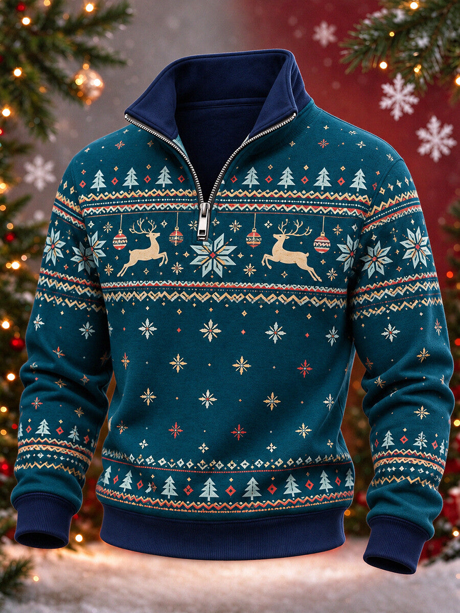 Men's Christmas Nordic Reindeer Print Quarter Zip High Neck Sweatshirt