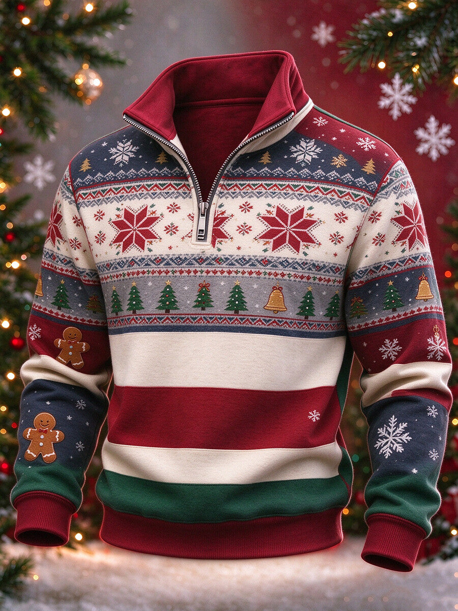 Men's Christmas Stripe Gingerbread Man Print Quarter Zip High Neck Sweatshirt
