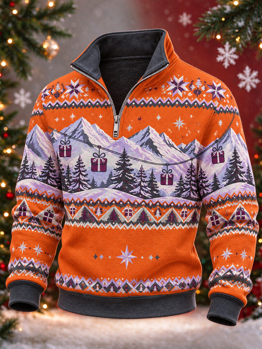 Men's Christmas Vibes Mountain Ski Lift Print Quarter Zip High Neck Sweatshirt