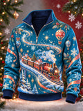 Men's Steam Train Christmas Ornament Print Quarter Zip High Neck Sweatshirt