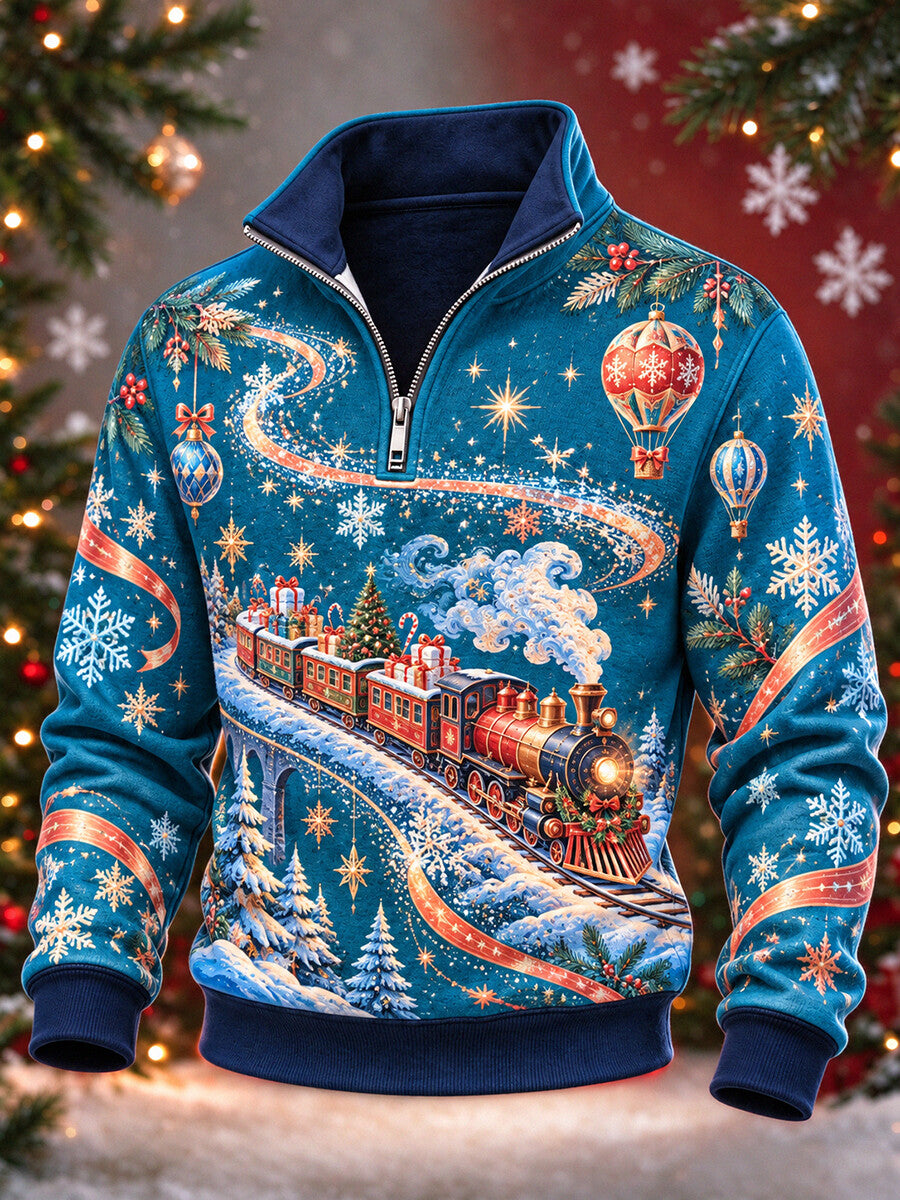 Men's Steam Train Christmas Ornament Print Quarter Zip High Neck Sweatshirt