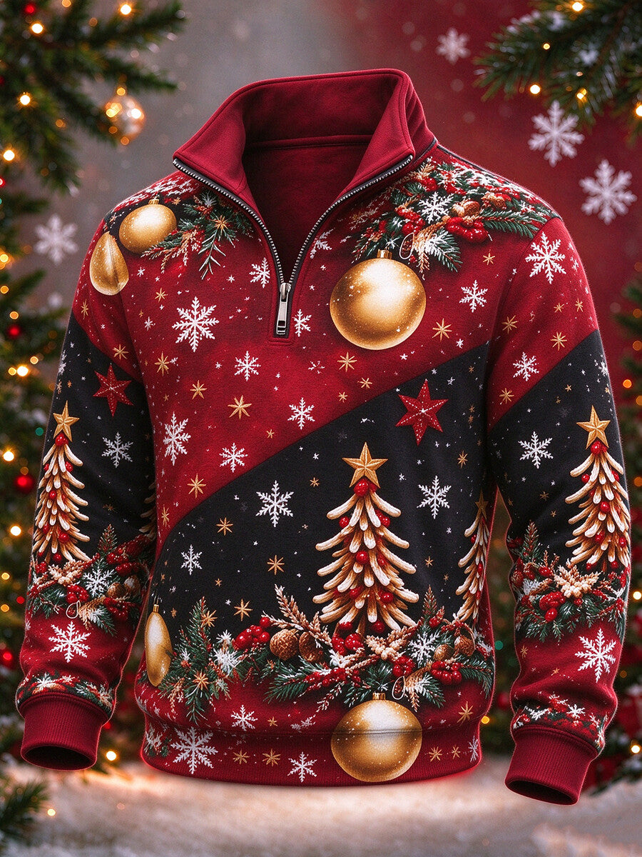 Men's Christmas Gold Bauble Pine Tree Print Quarter Zip High Neck Sweatshirt