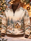 Men's Christmas Tree Snowy Cabin & Deer Print Quarter Zip High Neck Sweatshirt