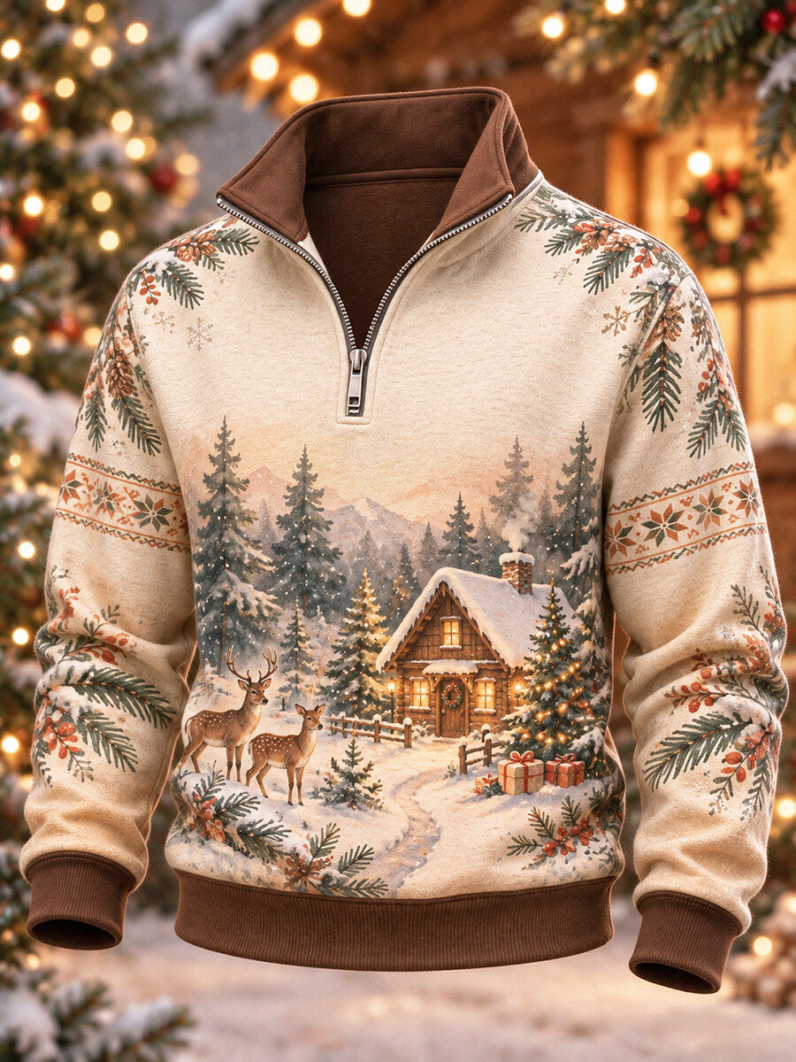 Men's Christmas Tree Snowy Cabin & Deer Print Quarter Zip High Neck Sweatshirt