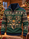 Men's Christmas Plaid Stag Head Print Quarter Zip High Neck Sweatshirt