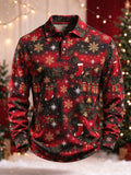 Men's Christmas Snowflake & Stocking Print Long Sleeve Polo Shirt
