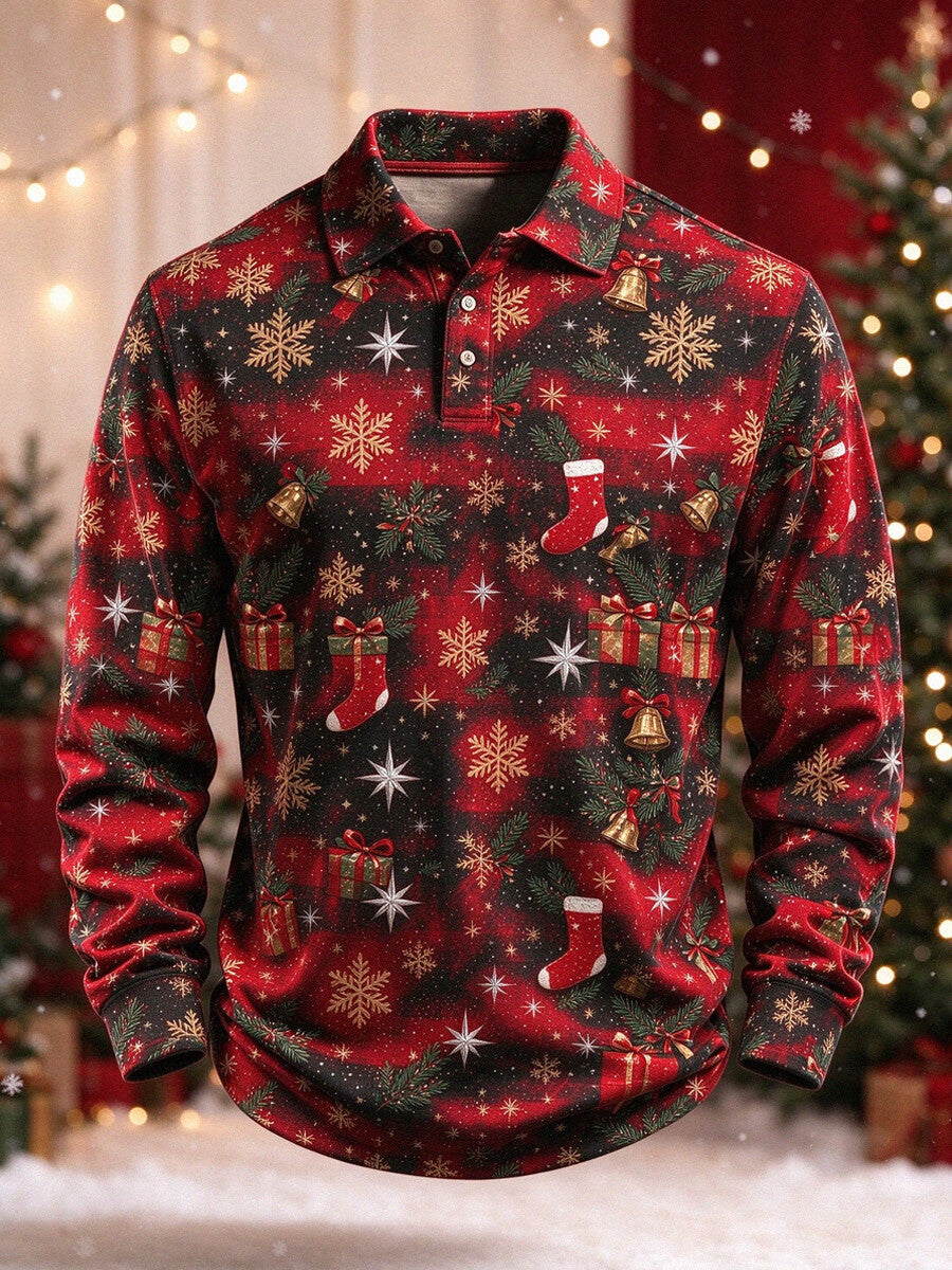 Men's Christmas Snowflake & Stocking Print Long Sleeve Polo Shirt