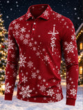 Men's Christmas Snowflake Jesus Print Long Sleeve Polo Shirt