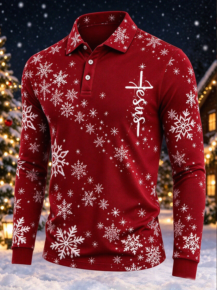 Men's Christmas Snowflake Jesus Print Long Sleeve Polo Shirt