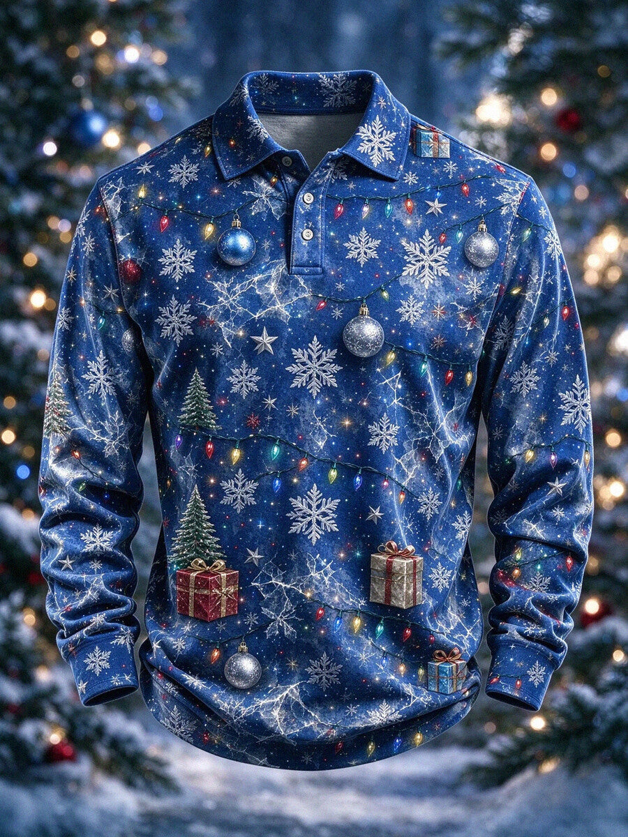 Men's Christmas Lights Ornament Print Long Sleeve Polo Shirt