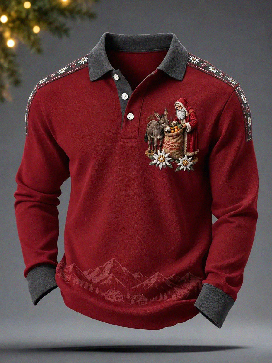 Men's Christmas Santa Donkey Print Long Sleeve Polo Shirt