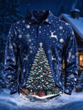 Men's Christmas Tree & Reindeer Print Long Sleeve Polo Shirt