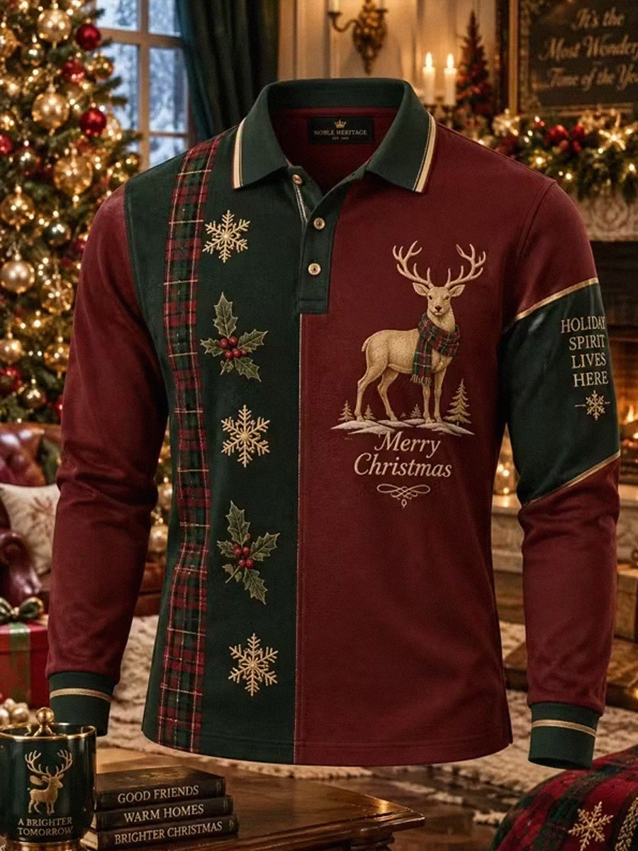 Men's Merry Christmas Stag Deer Plaid Print Long Sleeve Polo Shirt