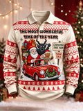 Men's Funny Christmas Santa Driving Car Print Long Sleeve Polo Shirt