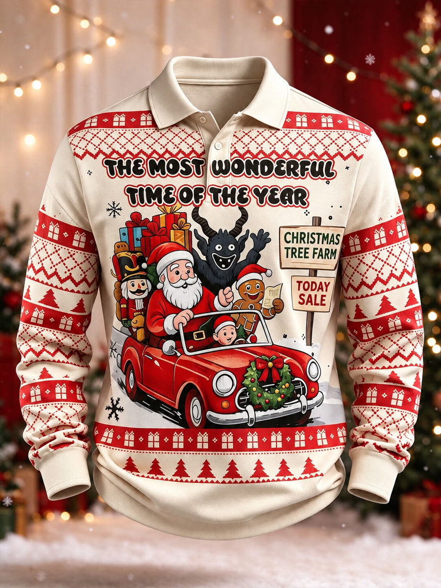 Men's Funny Christmas Santa Driving Car Print Long Sleeve Polo Shirt