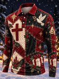 Men's Colorblock Christmas Holly Cross Dove Print Long Sleeve Polo Shirt