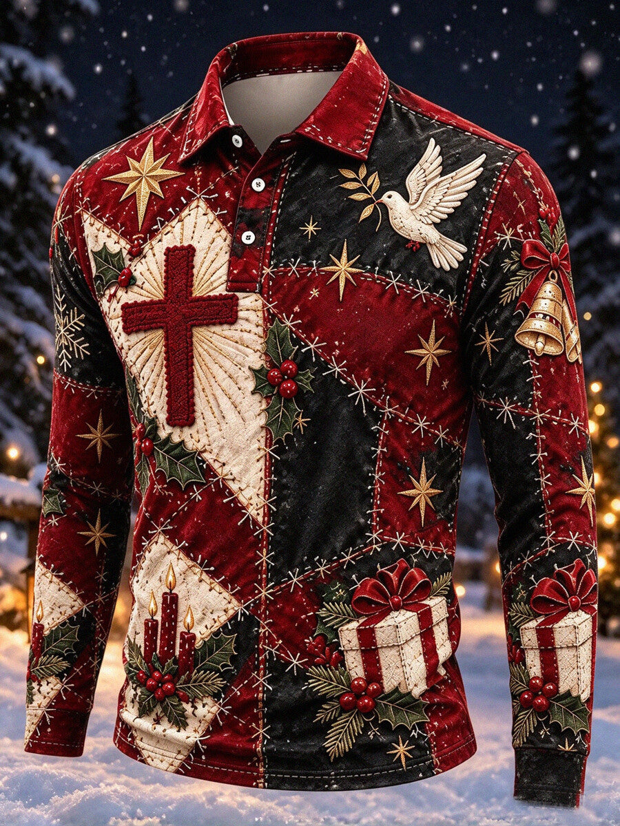 Men's Colorblock Christmas Holly Cross Dove Print Long Sleeve Polo Shirt