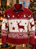 Men's Christmas Plaid Nordic Reindeer Print Long Sleeve Polo Shirt