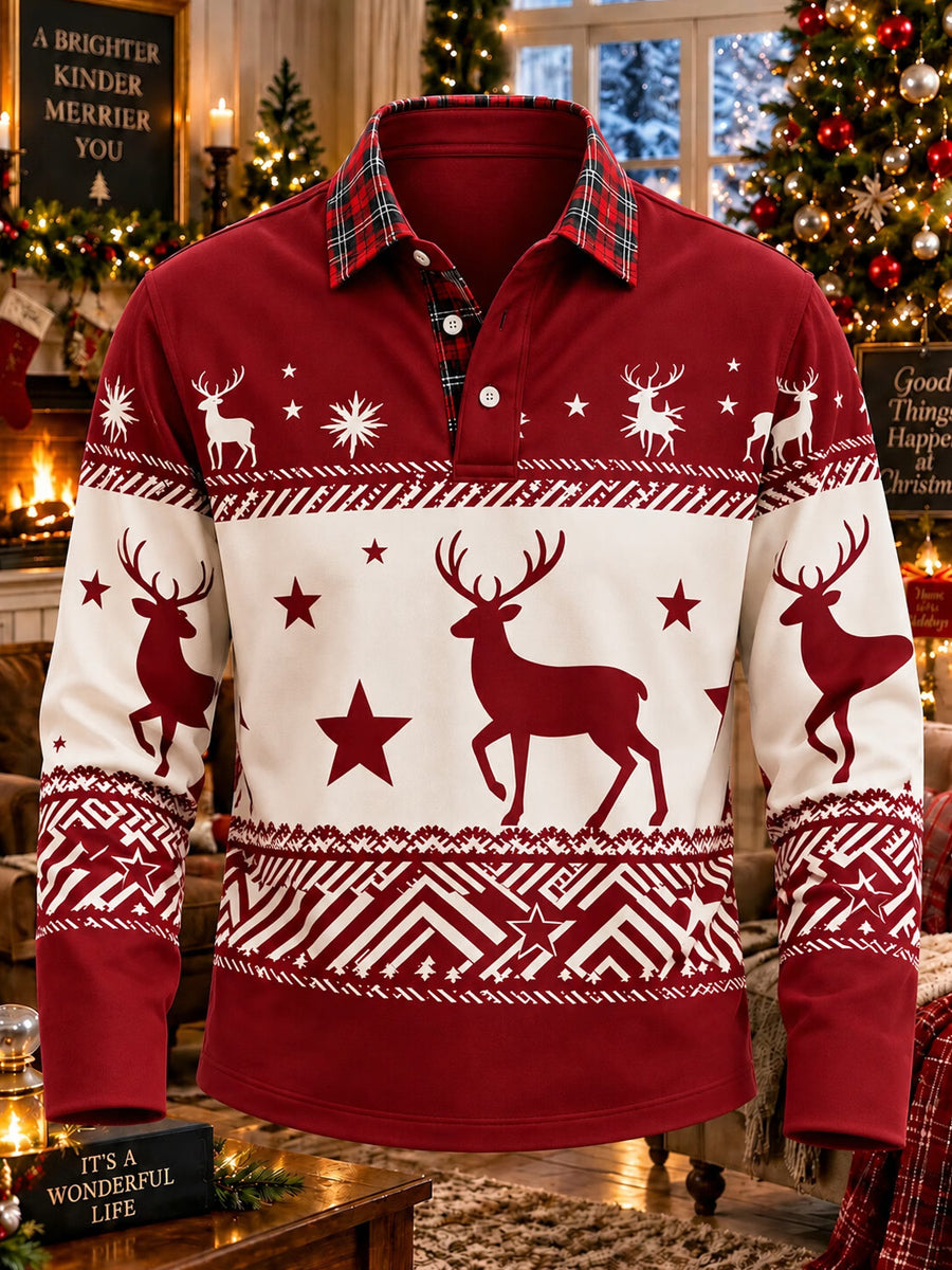 Men's Christmas Plaid Nordic Reindeer Print Long Sleeve Polo Shirt