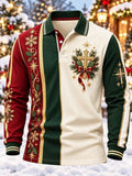 Men's Christmas Holly Berry Colorblock Print Long Sleeve Polo Shirt