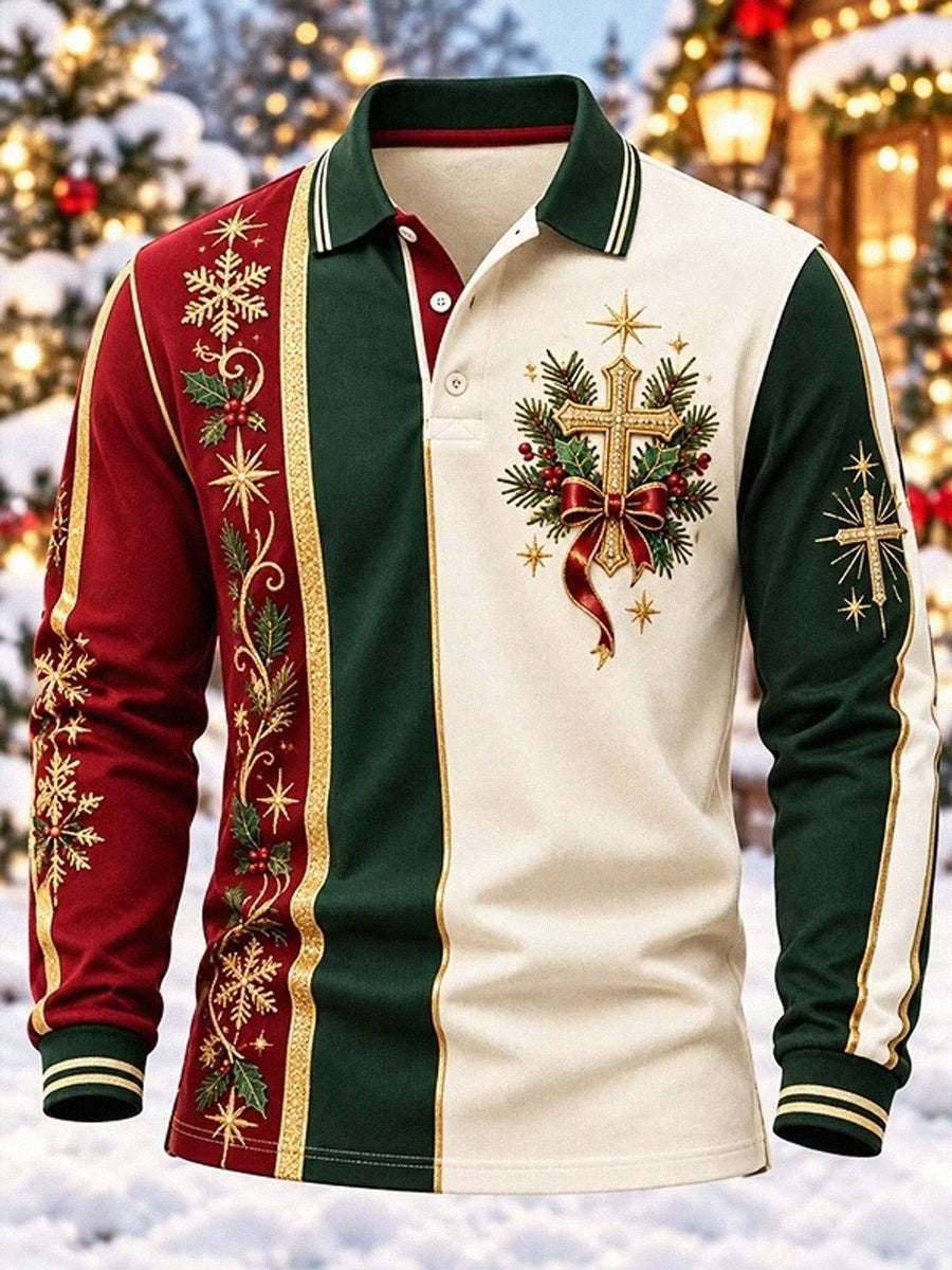 Men's Christmas Holly Berry Colorblock Print Long Sleeve Polo Shirt