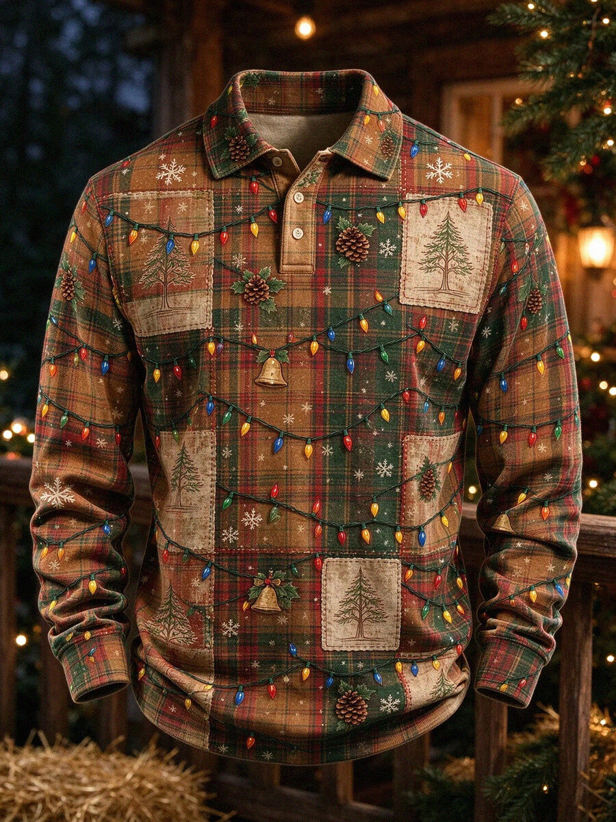 Men's Christmas Lights Pinecone Vintage Plaid Print Long Sleeve Polo Shirt