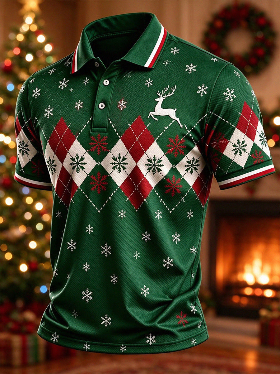 Men's Christmas Argyle Check Snowflake Print Short Sleeve Polo Shirt
