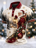 Men's Vintage Santa Lantern Snow Scene Christmas Print Short Sleeve Polo Shirt