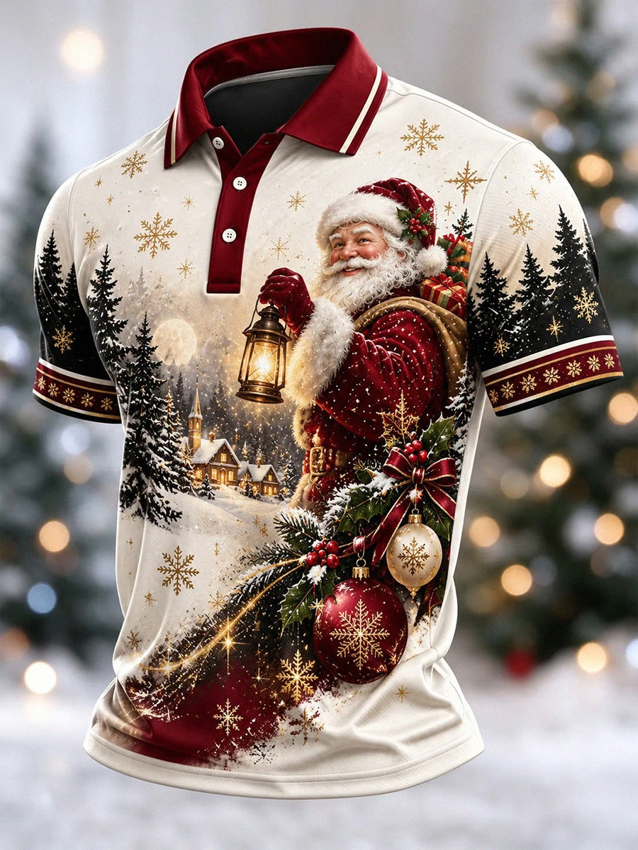 Men's Vintage Santa Lantern Snow Scene Christmas Print Short Sleeve Polo Shirt